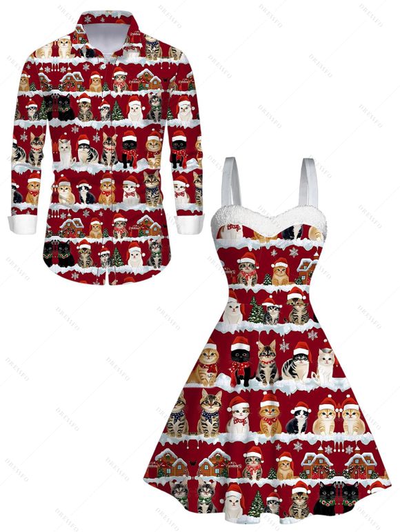 Holiday Couple Outfit Christmas Tree Cat Print Faux Fur Dress and Shirt Set - Rouge Vineux S | US 4
