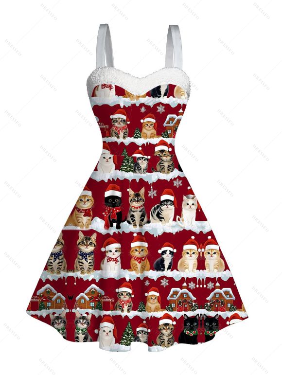 Holiday Couple Outfit Christmas Tree Cat Print Faux Fur Dress and Shirt Set - Rouge Vineux S | US 4