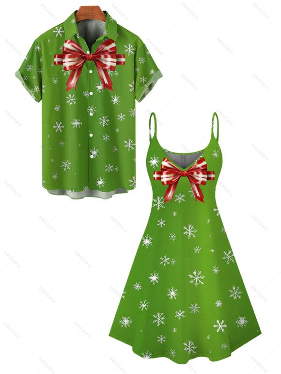 Christmas Couple Outfit Bowknot Snowflake Print Dress and Shirt Set - Vert S | US 4