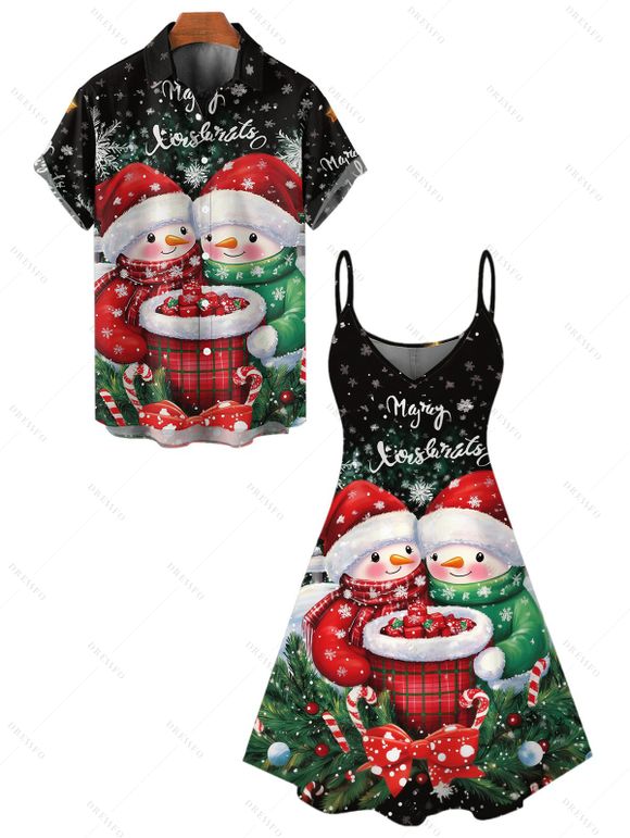 Christmas Couple Outfit Snowflake Snowman Letter Print Dress and Shirt Set - Noir S | US 4