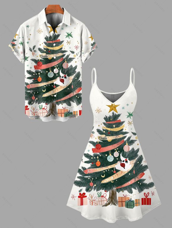 Holiday Couple Outfit Christmas Tree Snowflake Print Dress and Shirt Set - Blanc de Crème S | US 4