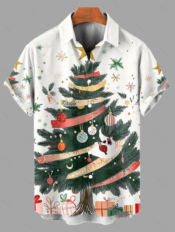 Holiday Couple Outfit Christmas Tree Snowflake Print Dress and Shirt Set - Blanc de Crème S | US 4