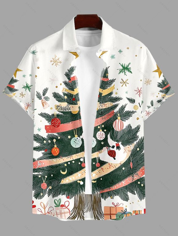 Holiday Couple Outfit Christmas Tree Snowflake Print Dress and Shirt Set - Blanc de Crème S | US 4