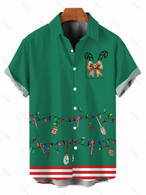 Chemise de Noël pour homme, boutonnée, à imprimé rayé et nœud papillon, motif canne à sucre - Vert profond M