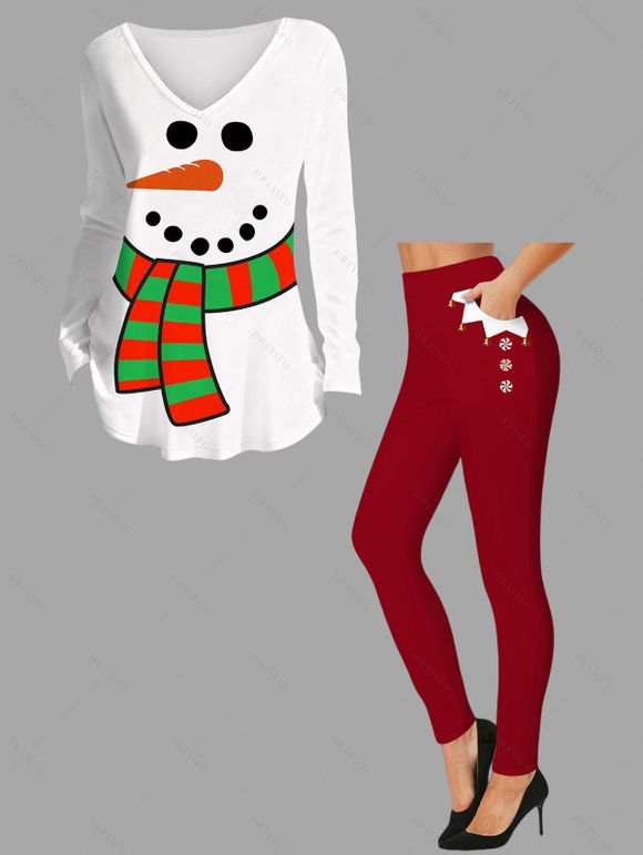 Christmas Women Outfit Snowman Scarf Print Top and Leggings Set - Blanc S | US 4