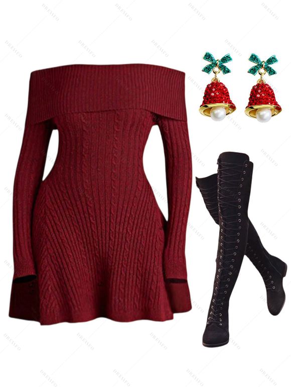 Winter Outfit Cable Knit Off the Shoulder Dress and Bell Pearl Earrings Boots Set - Rouge Vineux S | US 4