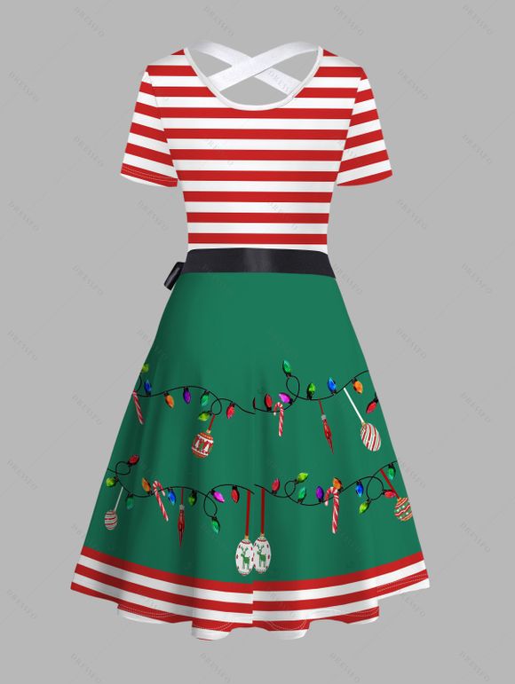 Robe de Noël à nœud papillon, rayée, imprimé 3D, croisée, avec ceinture - Vert profond XXL | US 14