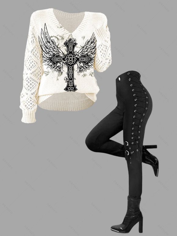 Gothic Outfit Cross Wing Butterfly Print Hollow Out Sweater and Leggings Set - Noir S | US 4