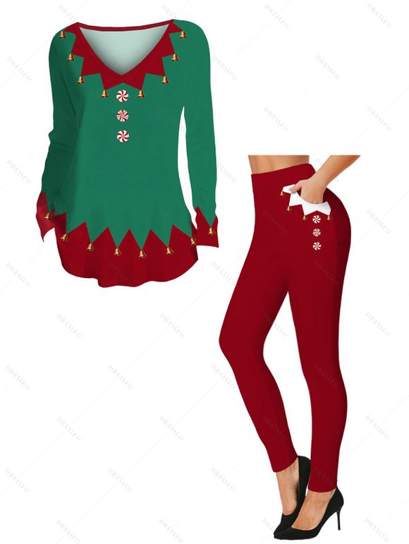 Christmas Women Outfit Colorblock 3D Print Top and Leggings Set - Vert profond S | US 4