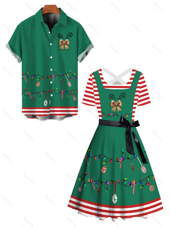 Christmas Couple Outfit Bowknot 3D Striped Print Crossover Belt Dress and Shirt Set - Vert profond S | US 4