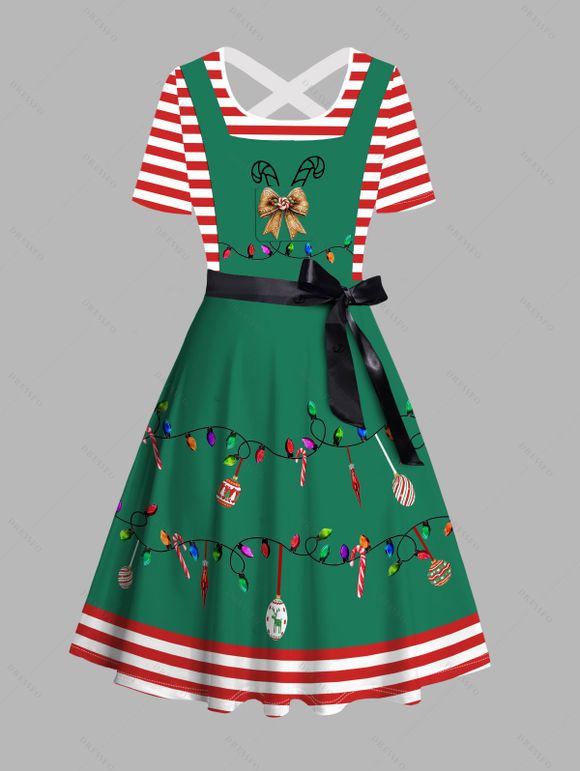 Christmas Couple Outfit Bowknot 3D Striped Print Crossover Belt Dress and Shirt Set - Vert profond S | US 4