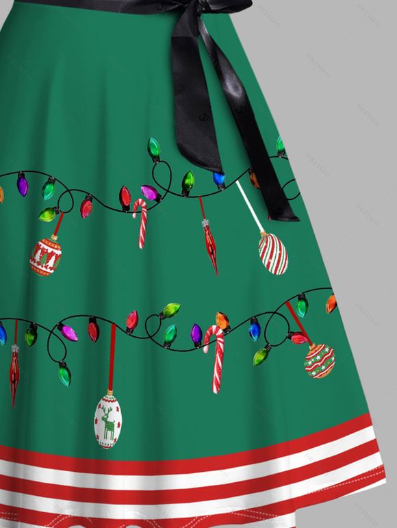 Christmas Couple Outfit Bowknot 3D Striped Print Crossover Belt Dress and Shirt Set - Vert profond S | US 4