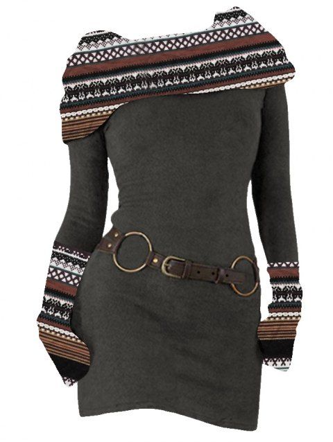 Robe en maille à imprimé ethnique et col oblique, robe à manches longues avec boucle en O