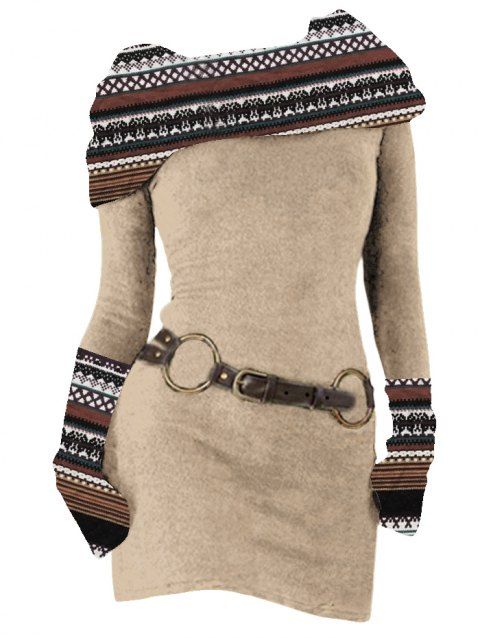 Robe en tricot à imprimé ethnique et col oblique, robe à manches longues avec boucle en O