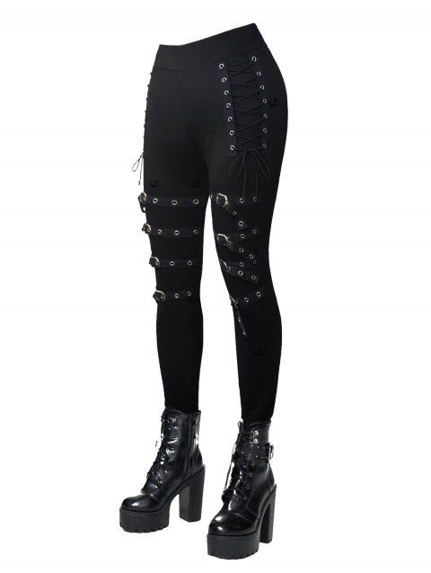 Leggings gothiques de couleur unie, leggings skinny à lacets avec boucle et œillets
