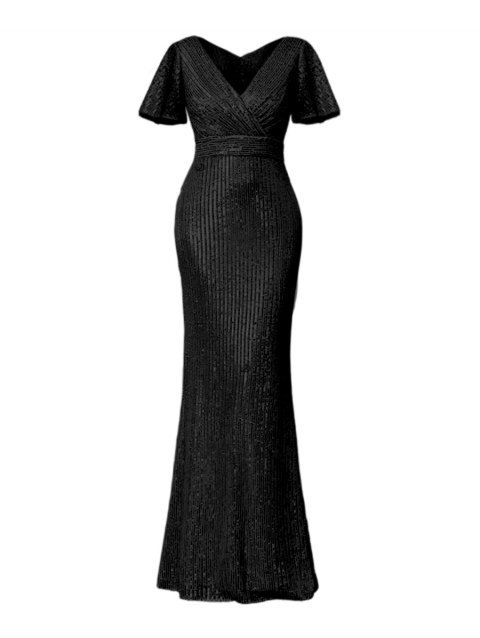 Robe de soirée brillante de couleur unie, robe fendue à manches évasées et surplis