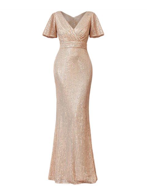 Robe de soirée brillante de couleur unie, robe fendue à manches évasées et surplis