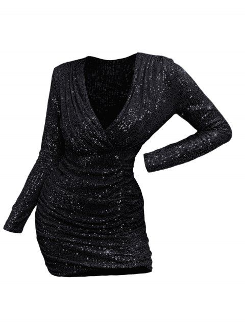 Robe de soirée moulante à paillettes Robe à volants froncé à manches longues