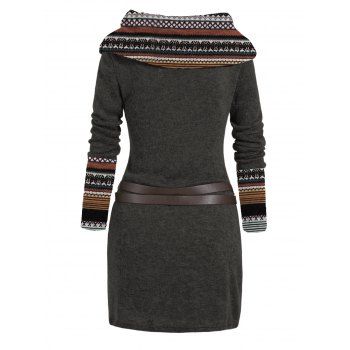 Ethnic Print Skew Neck Knitted Dress O Ring Buckle Long Sleeve Dress
