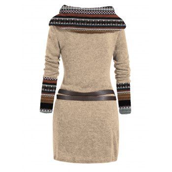 Ethnic Print Skew Neck Knitted Dress O Ring Buckle Long Sleeve Dress