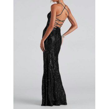 Shiny Sequined Party Dress Crisscross Tied Back Slit Long Dress