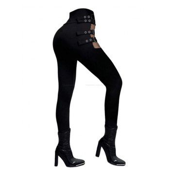 Solid Color Hollow Out Gothic Pants Square Buckle Strap High Waisted Skinny Long Pants