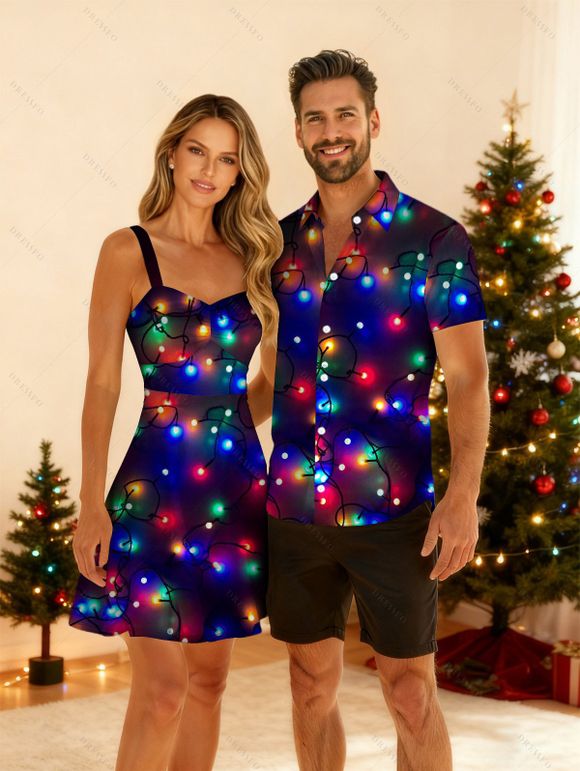 Christmas Couple Outfit Lightning Chains Print Dress and Shirt Set - Noir S | US 4