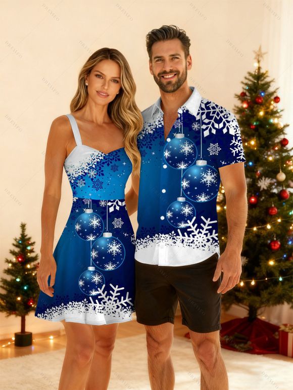 Christmas Couple Outfit Snowflake Bell Star Print Dress and Shirt Set - Bleu S | US 4