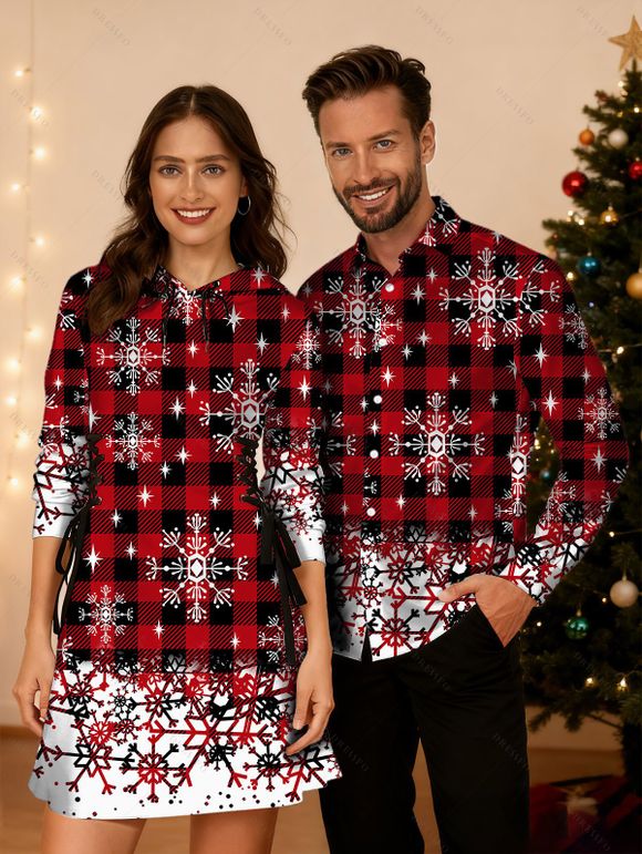 Christmas Couple Outfit Plaid Snowflake Print Lace Up Hoodie Dress and Shirt Set - Rouge foncé S | US 4
