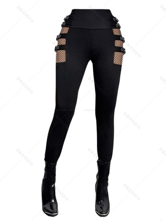 Solid Color Hollow Out Gothic Pants Square Buckle Strap High Waisted Skinny Long Pants - BLACK XXXXL | US 18