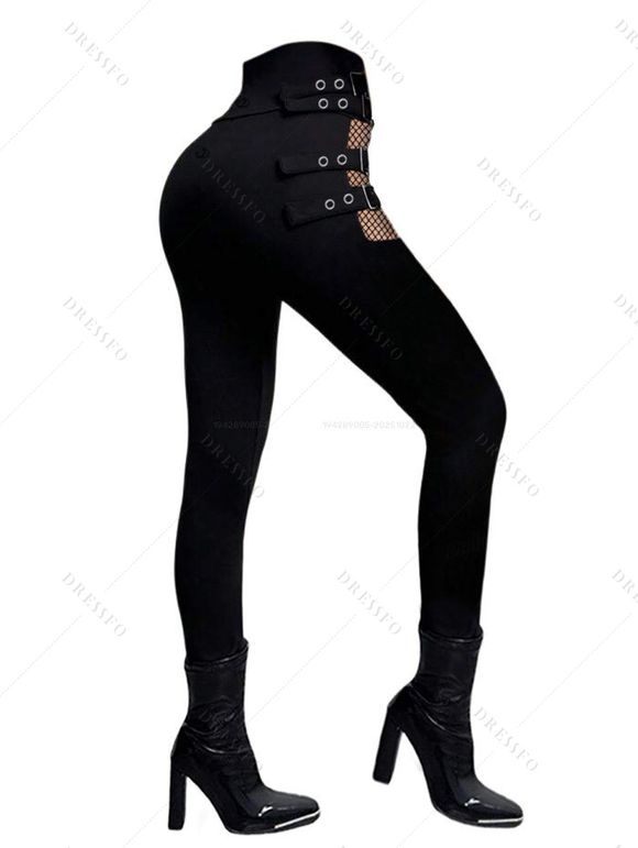 Solid Color Hollow Out Gothic Pants Square Buckle Strap High Waisted Skinny Long Pants - BLACK XXXXL | US 18