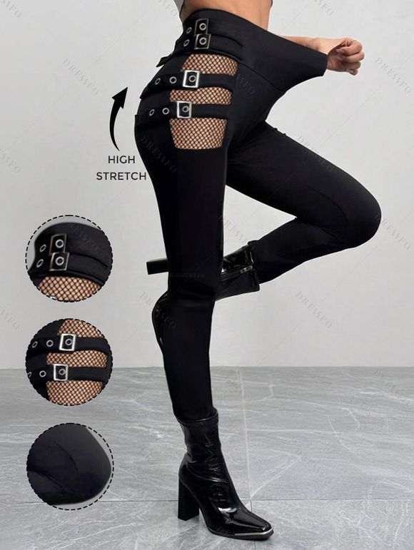 Solid Color Hollow Out Gothic Pants Square Buckle Strap High Waisted Skinny Long Pants - BLACK XXXXL | US 18