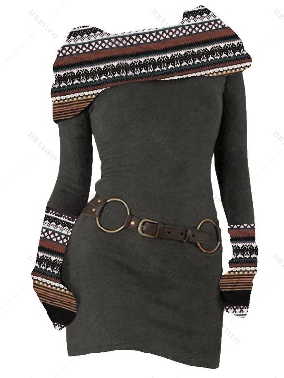 Robe en maille à imprimé ethnique et col oblique, robe à manches longues avec boucle en O - Gris Foncé XXL | US 12