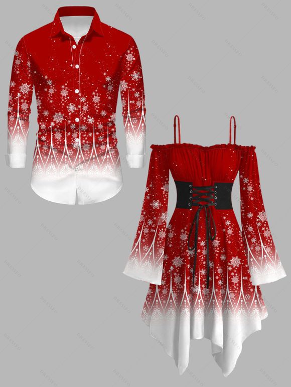 Christmas Couple Outfit Snowflake Print Lace Up Belt Dress and Shirt Set - Rouge S | US 4