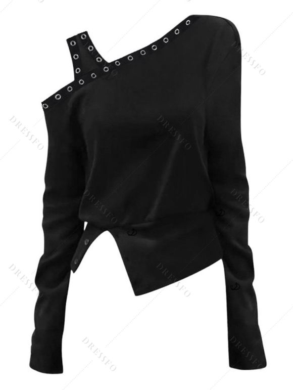 Haut à col oblique de couleur unie, haut à manches longues fendu - Noir XXL | US 14
