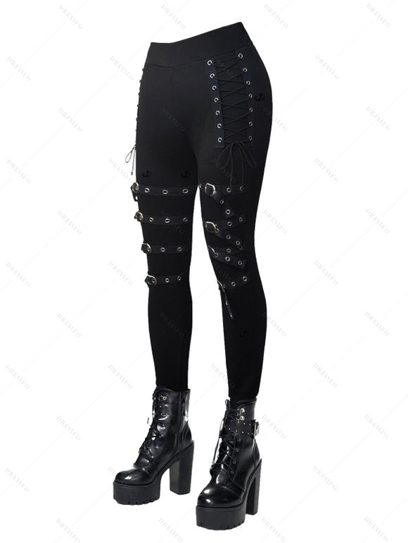 Leggings gothiques de couleur unie, leggings skinny à lacets avec boucle et œillets - Noir XXL | US 12