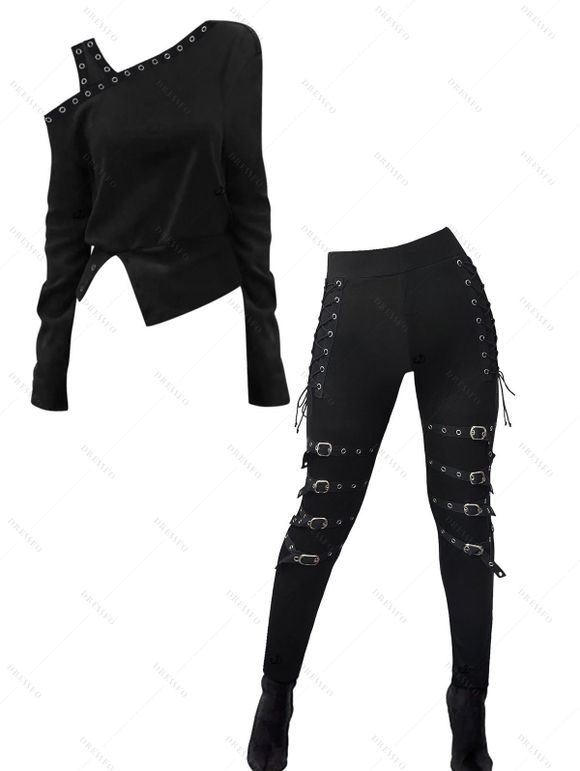 Solid Color Women Outfit Skew Neck Slit Top and Grommet Leggings Set - Noir S | US 4