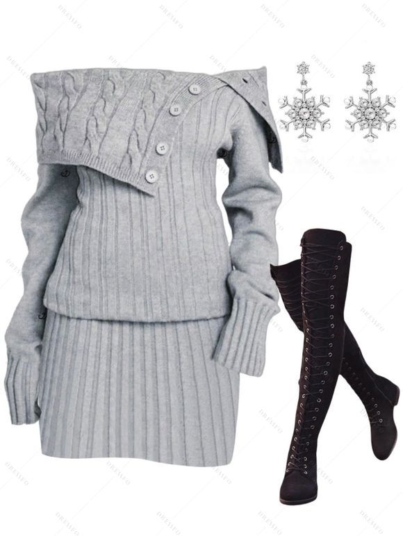 Winter Outfit Cable Knit Off the Shoulder Sweater Dress and Earrings Boots Set - Gris S | US 4