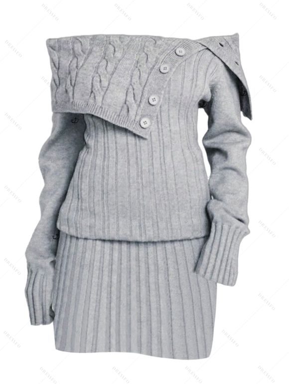 Winter Outfit Cable Knit Off the Shoulder Sweater Dress and Earrings Boots Set - GRAY S | US 4