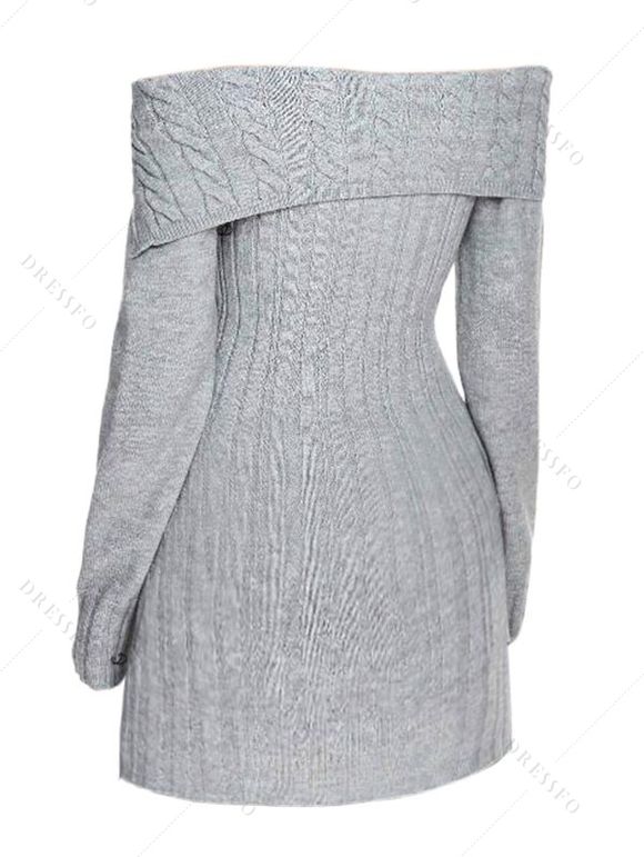 Winter Outfit Cable Knit Off the Shoulder Sweater Dress and Earrings Boots Set - GRAY S | US 4