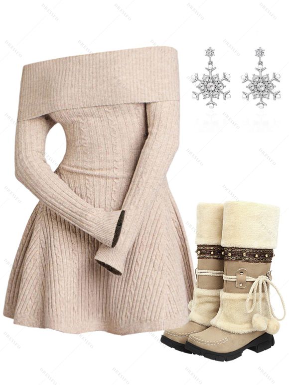 Winter Outfit Cable Knit Off the Shoulder Dress and Earrings Boots Set - café lumière S | US 4