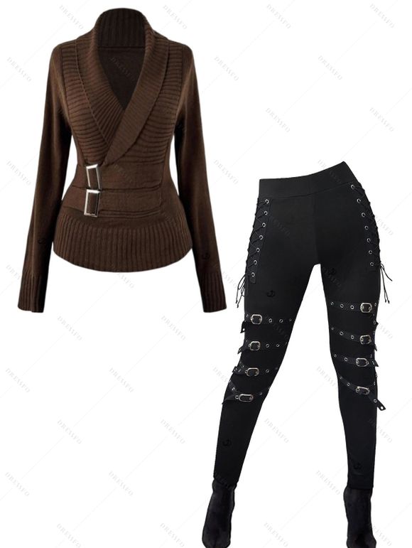 Women Outfit Solid Color Square Ring Sweater and Grommet Leggings Set - Café profond S | US 4