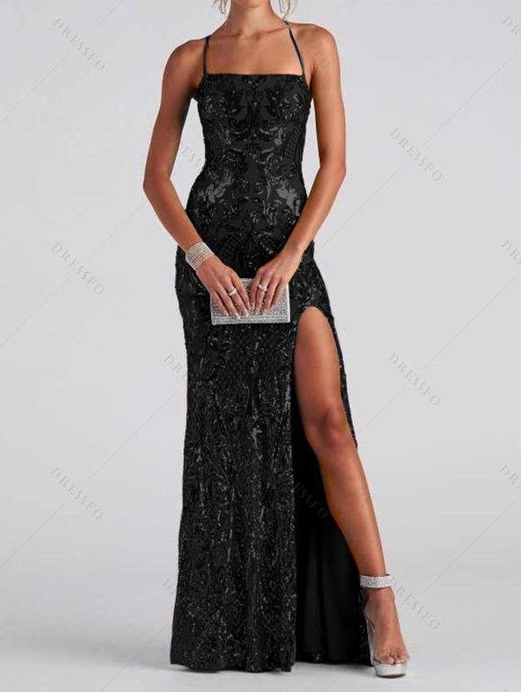 Robe de soirée à paillettes brillantes, robe longue fendue croisée dans le dos - Noir S | US 4