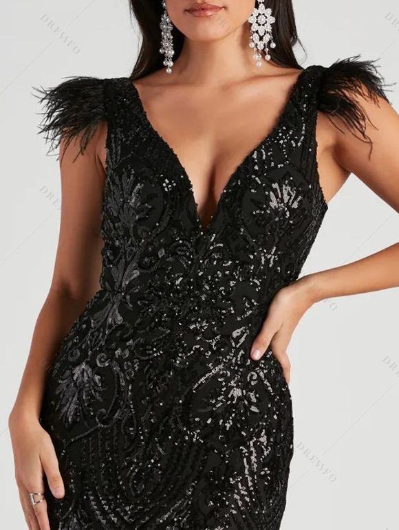 Robe de soirée fendue à paillettes Robe longue en fausse fourrure à col plongeant - Noir S | US 4
