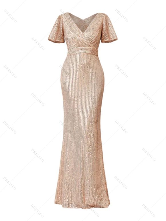Robe de soirée brillante de couleur unie, robe fendue à manches évasées et surplis - Champagne XXL | US 12