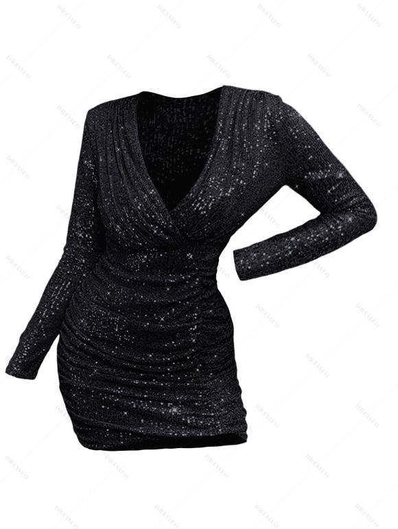 Robe de soirée moulante à paillettes Robe à volants froncé à manches longues - Noir XL | US 10