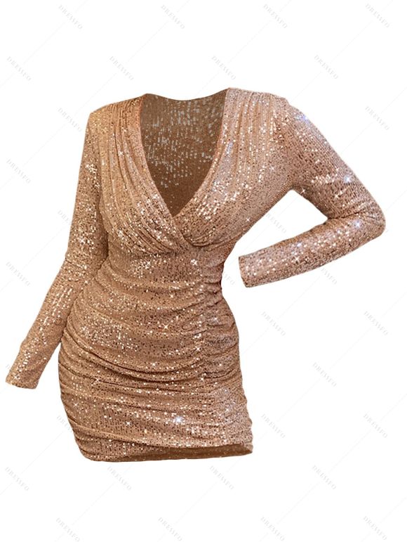 Robe de soirée moulante à paillettes Robe à volants froncé à manches longues - Champagne L | US 8
