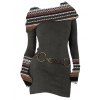 Robe en maille à imprimé ethnique et col oblique, robe à manches longues avec boucle en O - Gris Foncé XXL | US 12