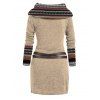 Robe en tricot à imprimé ethnique et col oblique, robe à manches longues avec boucle en O - café lumière XXL | US 12