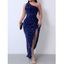 Robe de soirée longue fendue à paillettes et à une épaule - Bleu profond XXL | US 12
